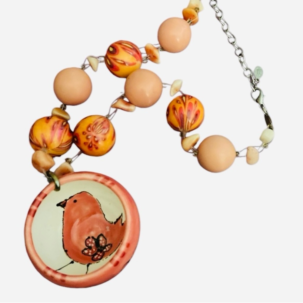 JS jewelry ceramic beads and bird cup medallion necklace